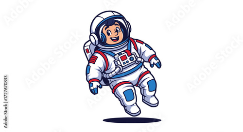 Cartoon Astronaut Floating in Space Suit Smiling and Happy.