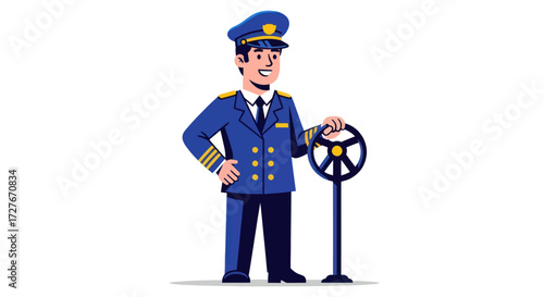 Cartoon Captain with Blue Uniform and Steering Wheel.