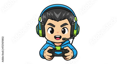 Cartoon Gamer Boy with Headset and Controller.
