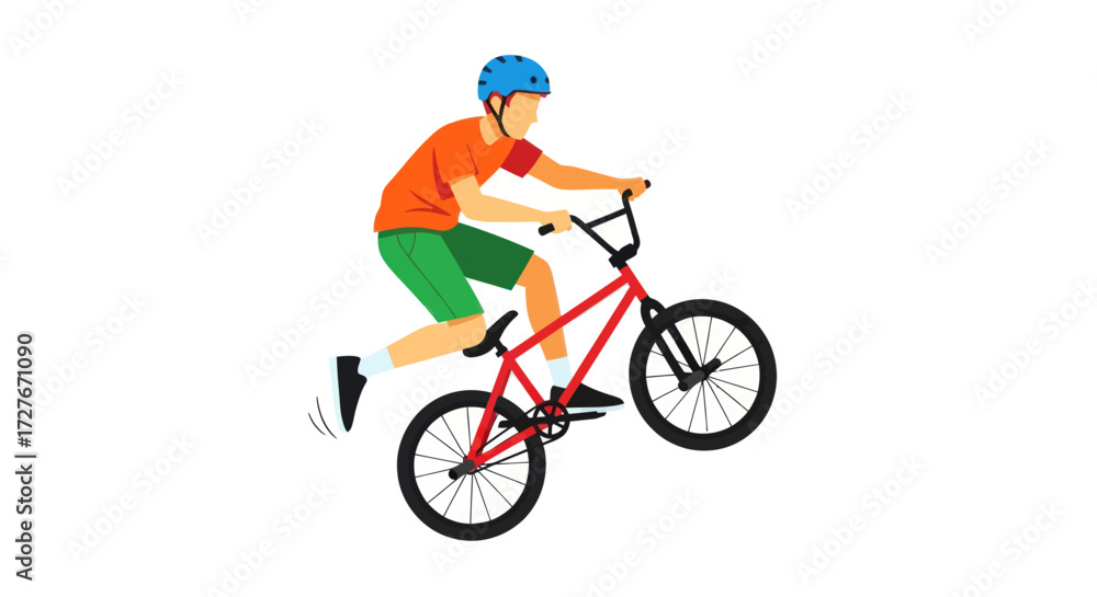 Fototapeta premium BMX Rider Performing Wheelie with Red Bicycle and Helmet.