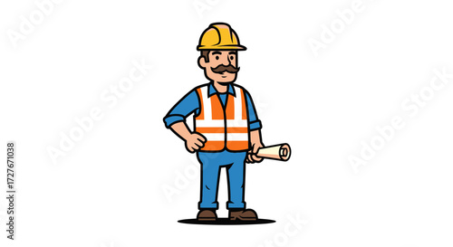 Cartoon Construction Worker with Yellow Hard Hat and Blueprint.