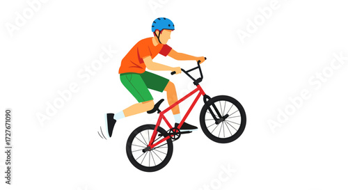BMX Rider Performing Wheelie with Red Bicycle and Helmet.