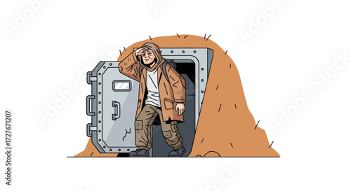 Man Emerging from a Metal Bunker Doorway Wearing a Brown Jacket and Looking Outward.