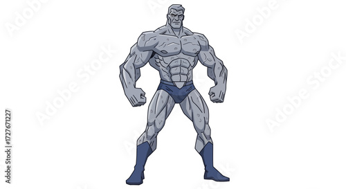 Muscular Gray Stone-Like Superhero Character with Blue Accents Standing Firmly.