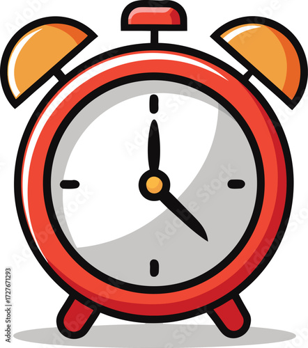 Classic red alarm clock with orange bells and a white face isolated on white background