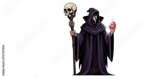 Grim Reaper Figure in Dark Robes Holding Skull Staff and Potion.