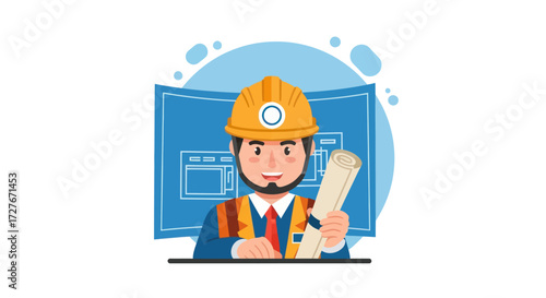 Professional Male Engineer with Hard Hat and Architectural Blueprint Illustration.