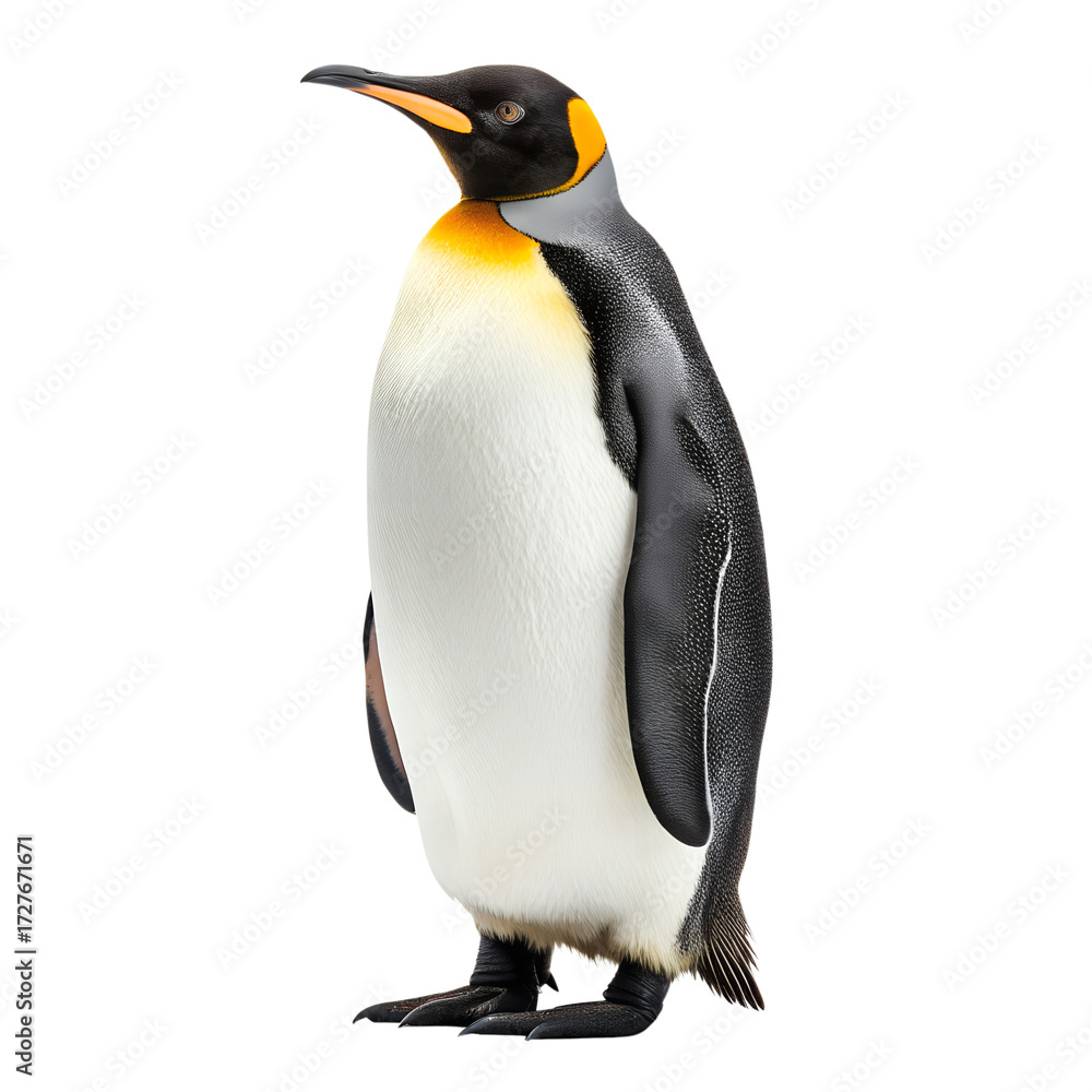 Fototapeta premium A majestic king penguin stands tall and proud showcasing its vibrant plumage against a stark black background isolated on transparent background