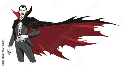 Cartoon Vampire with Black and Red Cape in Formal Wear.