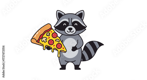 Adorable cartoon raccoon holding a slice of pepperoni pizza.