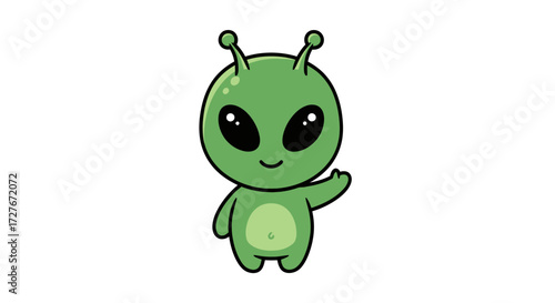 Cute Cartoon Green Alien with Antennae Waving Hello.