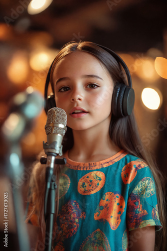 a little girl with headphones sings into a microphone - generative ai