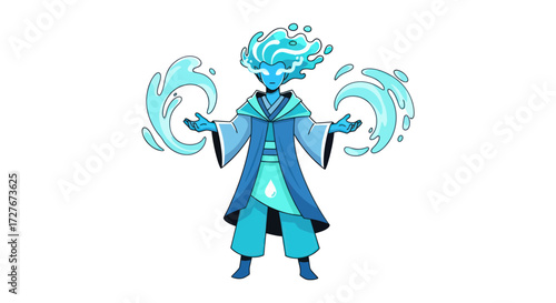 Stylized Blue Water Elemental Wizard Character Casting Magic Spells.