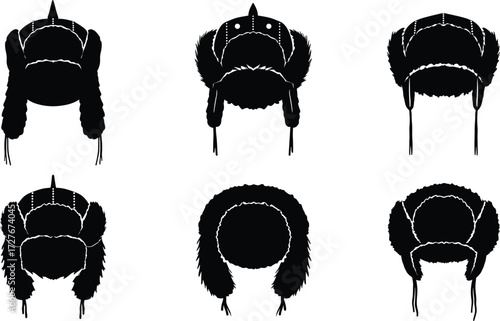 Winter ushanka hat silhouettes, fur earflap headwear icons, cold weather fashion accessories, traditional Russian style hats, vector illustration design set