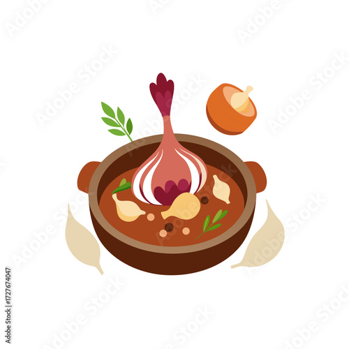 coq au vin vector  onions  lardons  caps  reductio