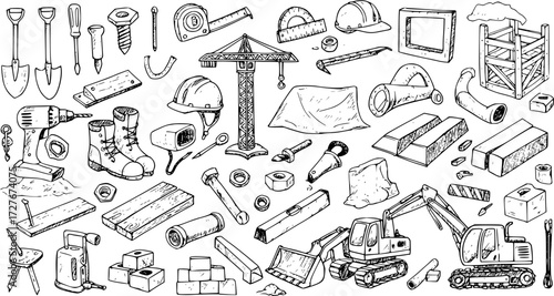 Hand-drawn doodle set of construction and building tools, equipment, and materials including shovels, drills, helmets, wood, bricks, crane, and excavators.