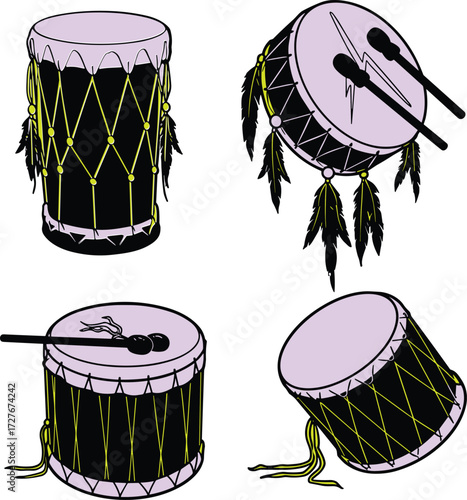 Traditional decorative drums with feathers, tassels, beads, sticks, cultural percussion instruments, festival music, ethnic rhythm, tribal heritage, handmade artistry