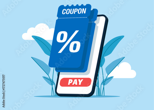 Loyalty program, store special offers advertisement. Smartphone with discount. Vector flat illustration 