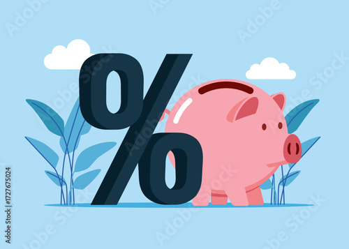Pink piggy bank with percent symbol. Interest, financial and mortgage rates. Money container for savings, finance or investment. Vector flat illustration 