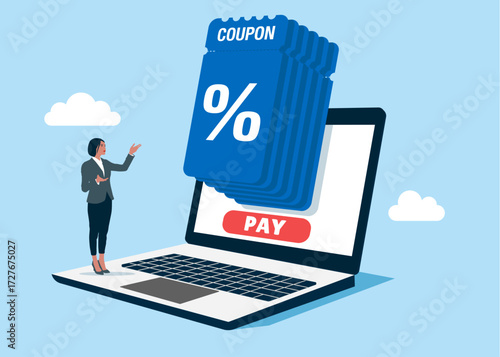 Loyalty program, store special offers advertisement. Woman and laptop with discount. Vector flat illustration 