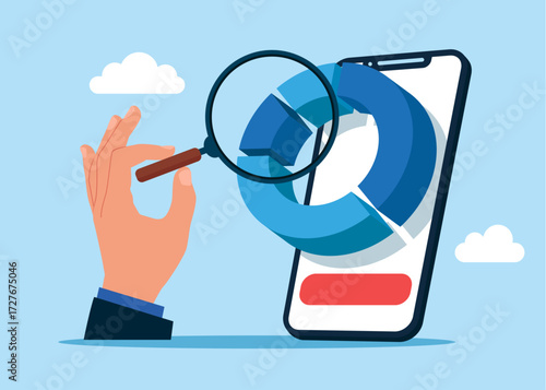 Hand with a magnifying glass examines sell, buy and exchange money cash  with finance business. Stock trading analysis with mobile phone. Vector flat illustration 