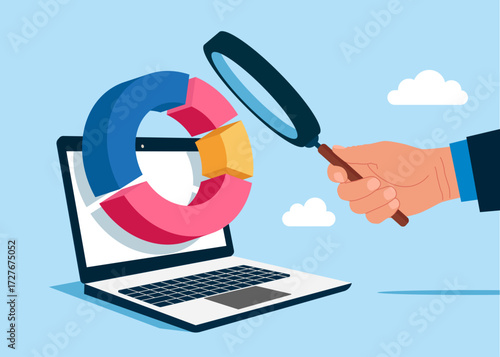 Hand with a magnifying glass examines sell, buy and exchange money cash  with finance business. Stock trading analysis with laptop. Vector flat illustration 