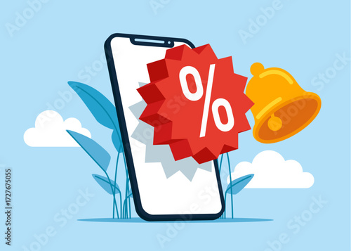 Bell notification with mobile phone for discount coupon online. Ring bell. Vector flat illustration 