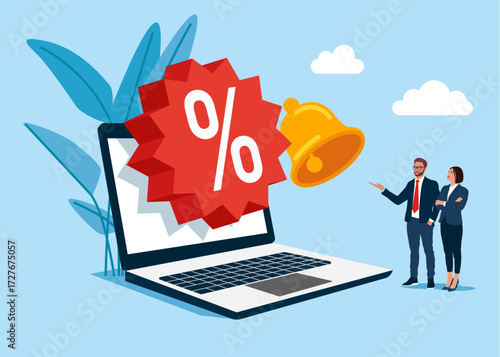 Bell notification with laptop for discount coupon online. Ring bell. Vector flat illustration 