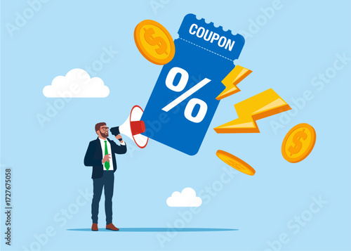 Special offer promotion. Businessman with megaphone speaker for sales and shopping online, discount coupon of cash. Vector flat illustration