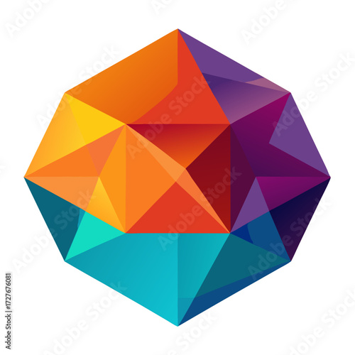 Abstract geometric crystal shape with gradient colors isolated on transparent background