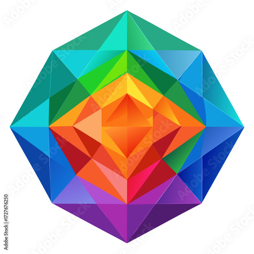 Abstract geometric crystal prism with rainbow gradient isolated on transparent background