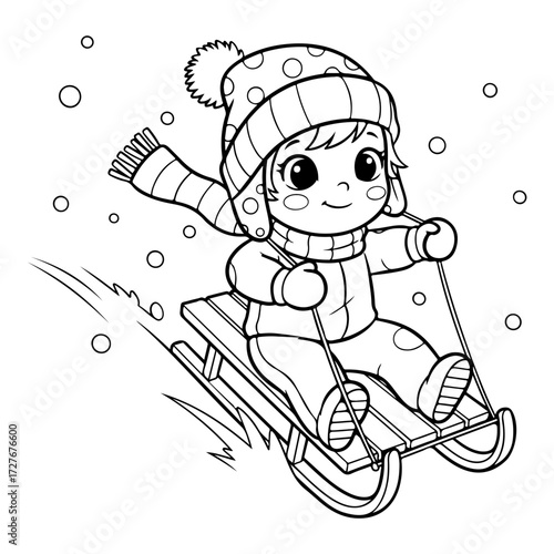 Vector art of cute little girl wearing winter clothes sledding down the hill hand drawn vector