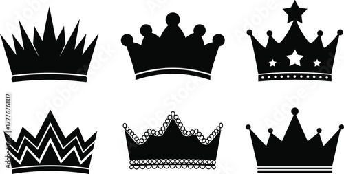 Black crown silhouette icons, royal headpiece vector set, luxury monarchy symbols, king queen tiara design, heraldic emblem illustration collection