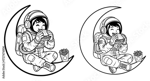 Vector art of astronaut eating burger on moon for design needs and coloring book
