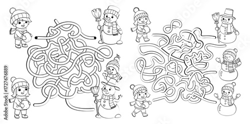 Vector art of help the kids find the snowmen in this fun winter maze activity