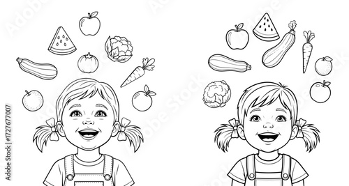 Vector art of two happy girls with fruits and vegetables floating above their heads, , healthy eating