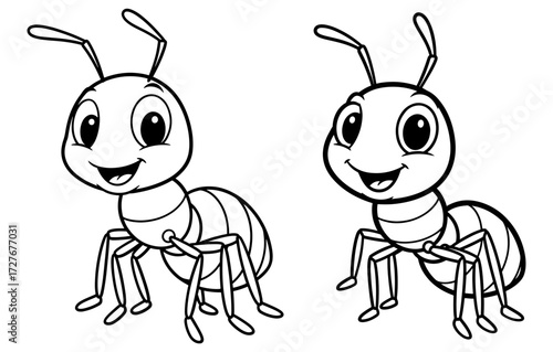 Vector art of two cartoon ants with big eyes and smiles, , perfect for childrens illustrations