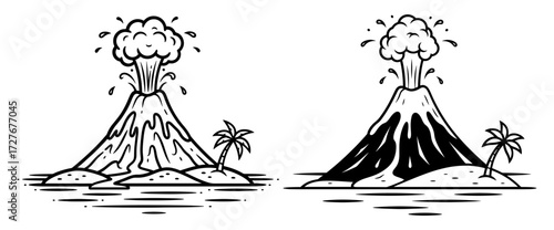 Vector art of two volcano eruptions on tropical islands, one with lava flow