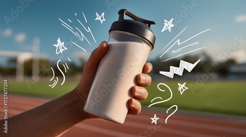 Post-Workout Energy: Hand Holding Protein Shake Bottle on Running Track with Hand-Drawn Power Doodles