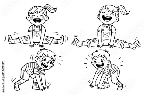 Vector art of happy kids doing gymnastic exercises coloring page for children activity