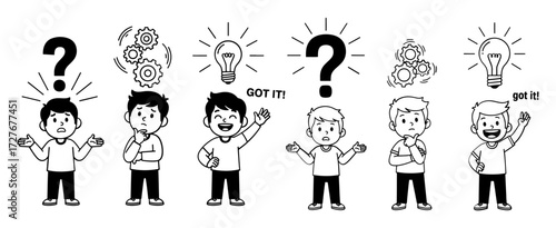 Vector art of cartoon character with question mark and light bulb concept of idea