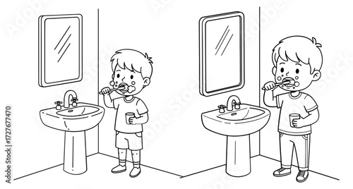 Vector art of spot the differences two boys brushing their teeth can you find them all