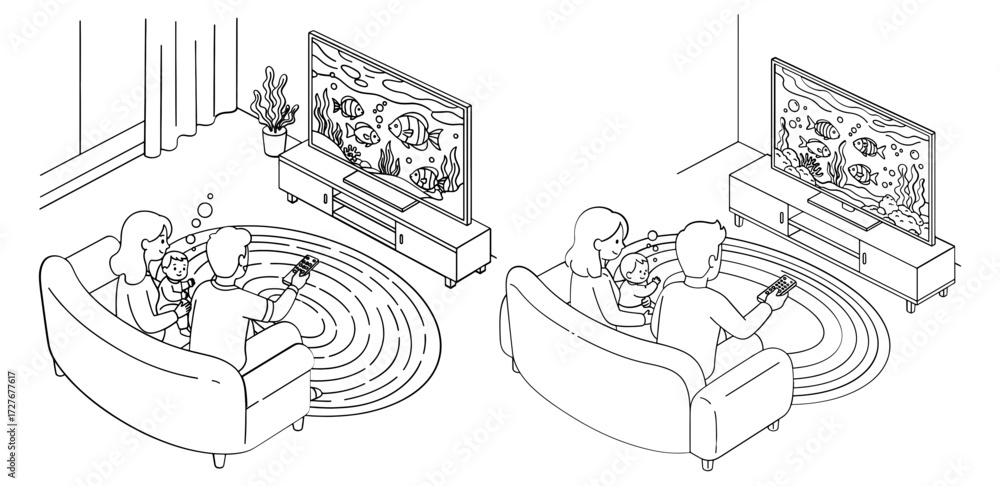 Obraz premium Vector art of couple watching tv on sofa in living room home interior design