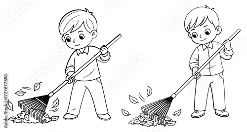 Vector art of two boys raking leaves, enjoying autumn chores and outdoor activities in black and white