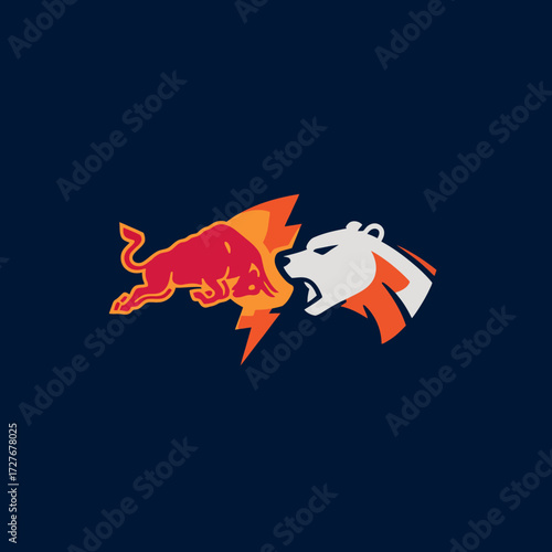 Stylized illustration of red bull facing off with white bear on a dark blue backdrop
