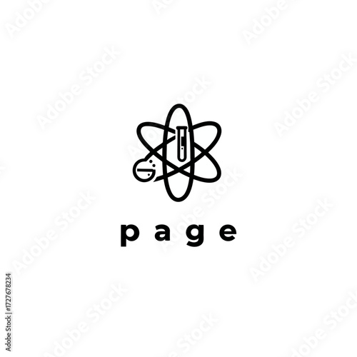 Simple black outline of an atom with a test tube, accompanied by the word "page