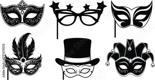 Masquerade masks, carnival disguise, party accessories, Venetian style, jester hat, feather mask, top hat, festive celebration, costume ball, decorative