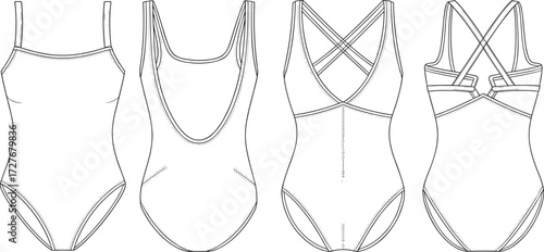 Flat technical fashion sketch of one piece swimsuits with front and back views for women's swimwearFlat technical fashion sketch of one piece swimsuits with front and back views for women's swimwear