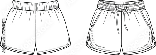 Vector illustration of athletic running shorts front view with elastic waistband and drawstring details for sportswear design.Vector illustration of athletic running shorts front view 