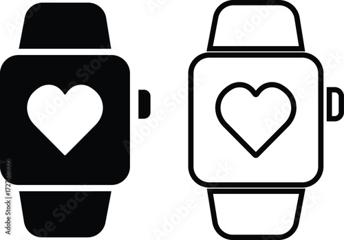 Smartwatch icon set black wearable watch vector fitness tracker group in flat and line style, heart rate monitor, time, tech gadget symbol pack, minimal outline design